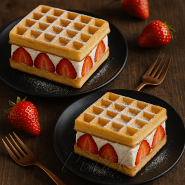 Obrázek Waflový dezert s jahodami a tvarohem