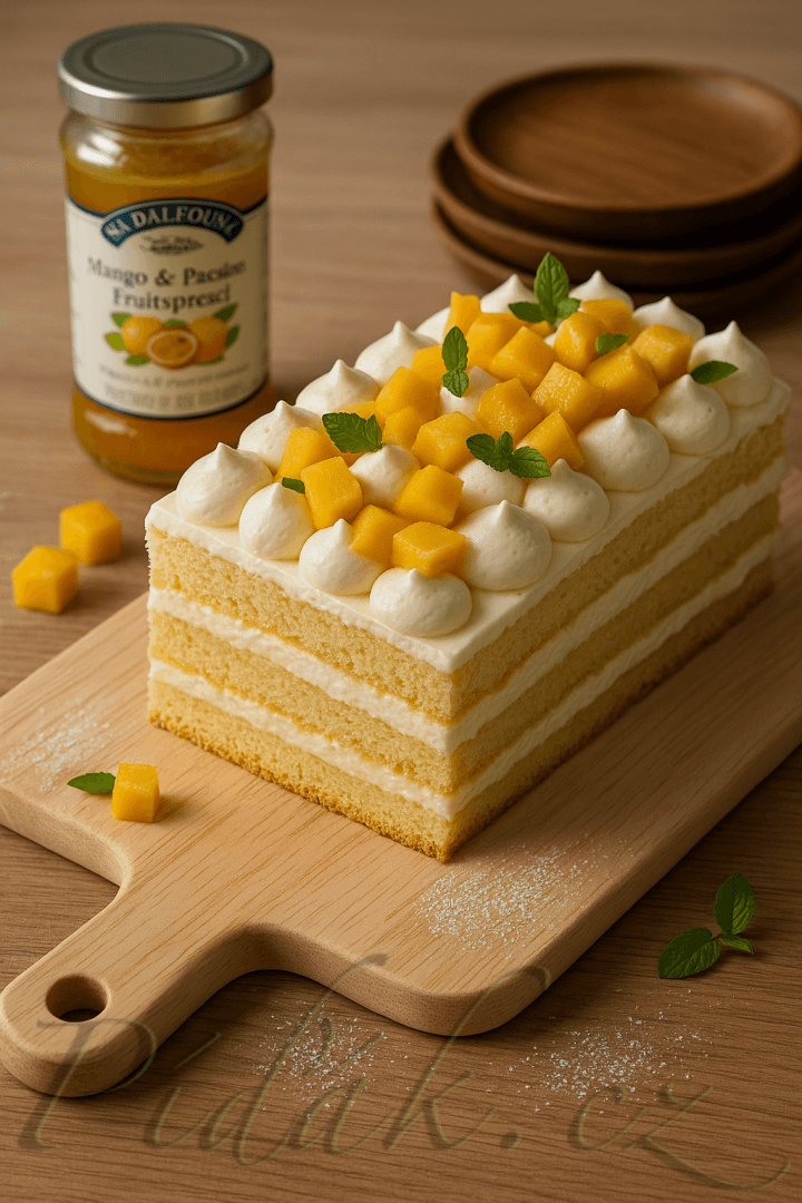 1. obrázek Lehký ovocný dort s mangem a maracujou 1. obrázek Lehký ovocný dort s mangem a maracujou