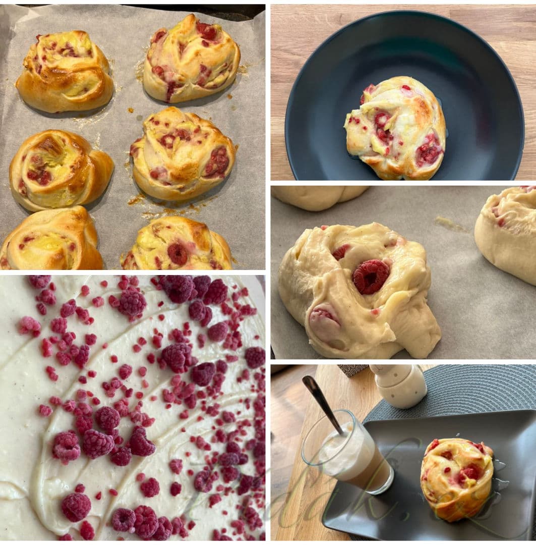 1. obrázek Kynutí šneci s pudinkem, malinami a cukrovou polevou 1. obrázek Kynutí šneci s pudinkem, malinami a cukrovou polevou